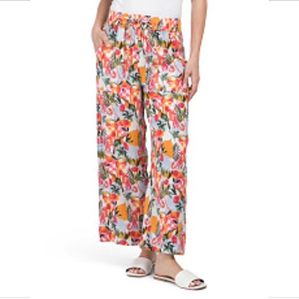 C&C California wide leg cropped ankle linen pants tropical colorful new Medium